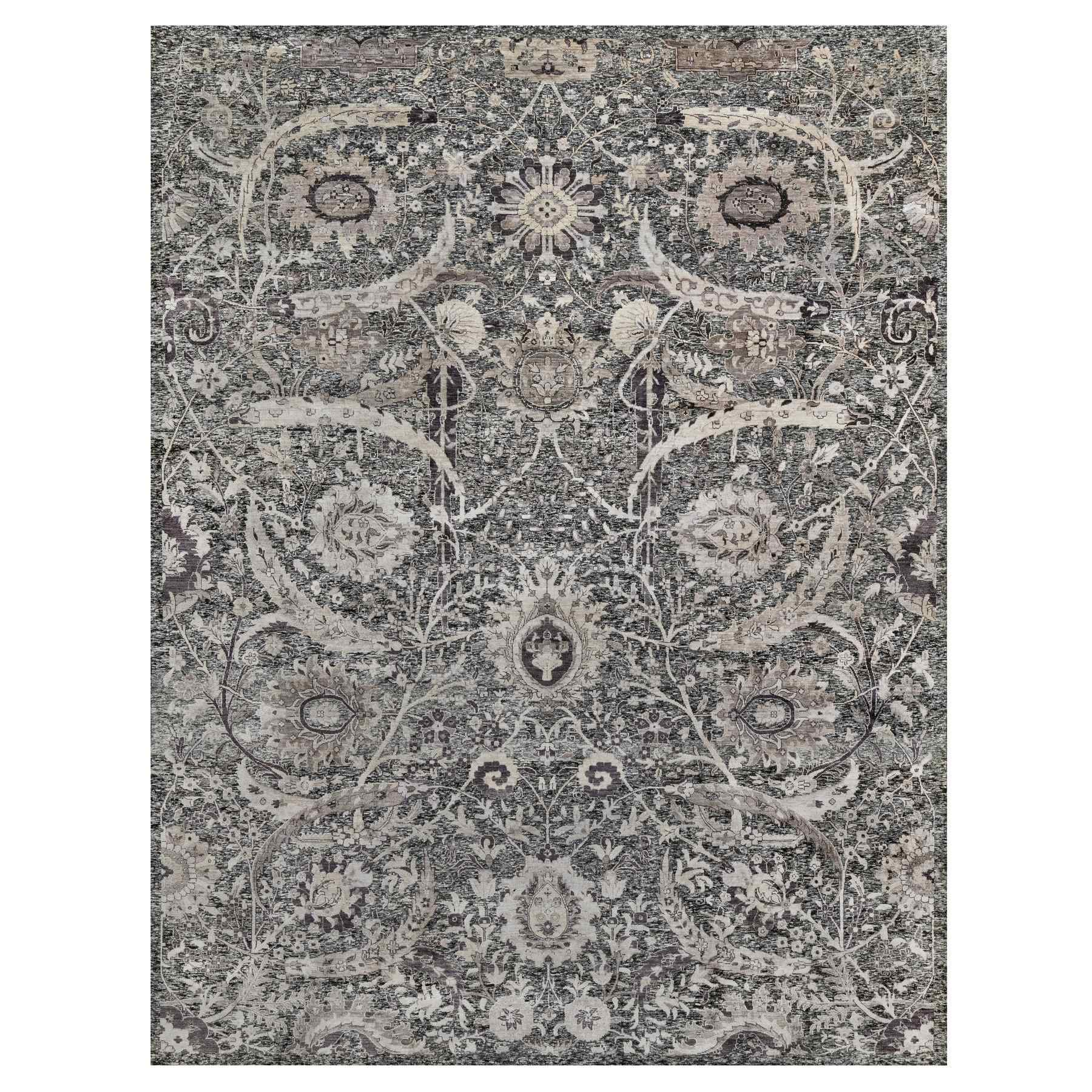 11'8"x15' Charcoal Black, Hand Knotted, Shades Of Black, Lush and Plush, Wool and Silk, Oversized Sickle Leaf Design Oriental Rug 